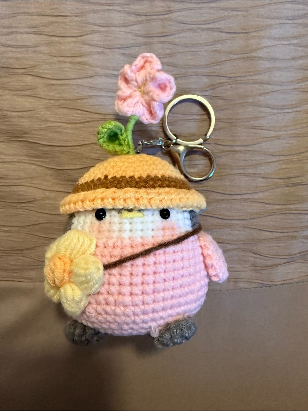 Handmade Pink Crochet Chick Keychain with Flower Hat